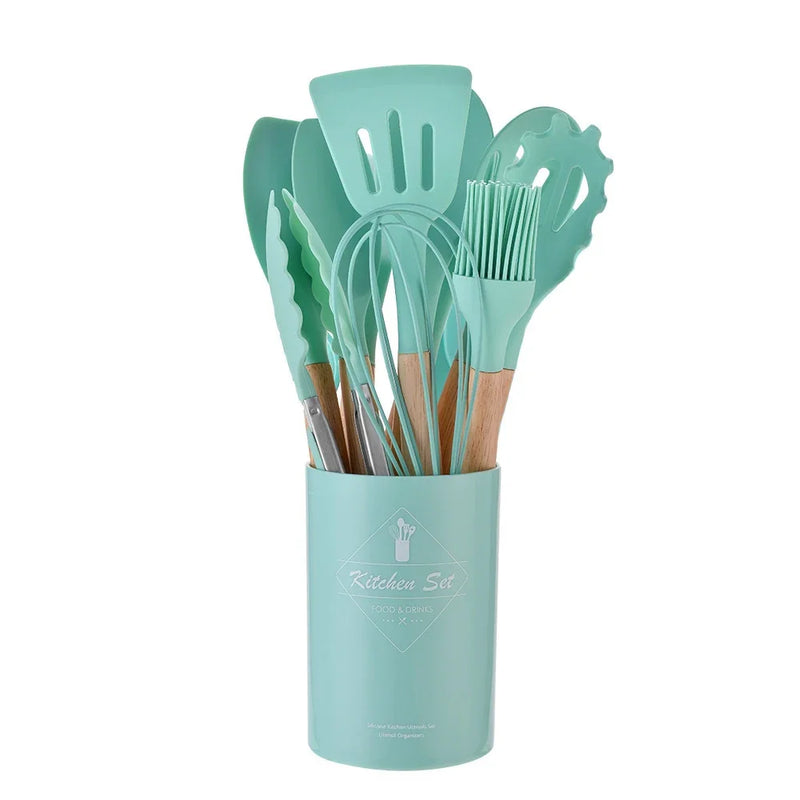 Conjunto De Panelas De Silicone Antiaderente, Utensílios De Cozinha, Espátula, Pá, Batedores De Ovo, Cabo De Madeira, Ferramenta De Cozinha, Utensílios De Cozinha, 12Pcs